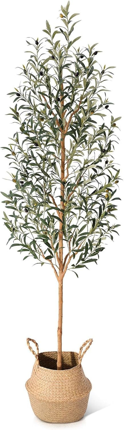 Faux Olive Tree 6FT – Tall Artificial Plants Indoor with Real Wood Trunk & Seagrass Basket, Lifelike Silk Leaves & Fruits – Potted Large Fake Trees for Home, Living Room, Bedroom & Office Decor