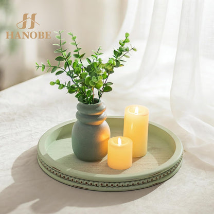 Hanobe Round Wooden Decorative Tray: White Washed Bead Tray Decor for Coffee Table Centerpiece Rustic Farmhouse Tray for Kitchen Counter Living Room Decoration