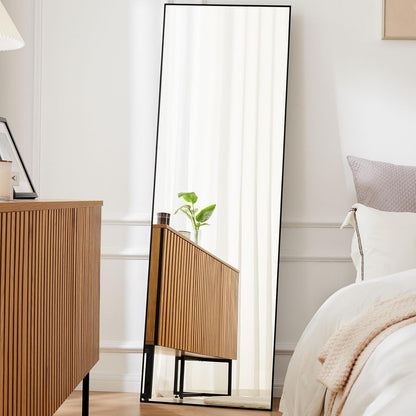 OLIXIS Black Arched Full Length Mirror 60"x16" for Bedroom, Full Body Mirror with Stand, Hanging or Leaning for Wall, Aluminum Alloy Thin Frame Floor Standing for Living Room