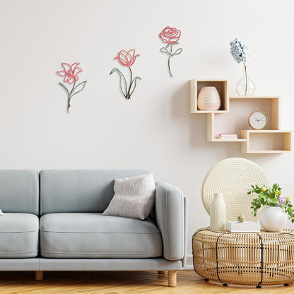 Oubasa Metal Flowers Wall Art Set of 3, Farmhouse Floral Home Decoration, Modern Line Art Flower Wall Decor for Living Room Bedroom Bathroom, Minimalist Botanical Wall Sculpture – Lily, Tulip, Rose