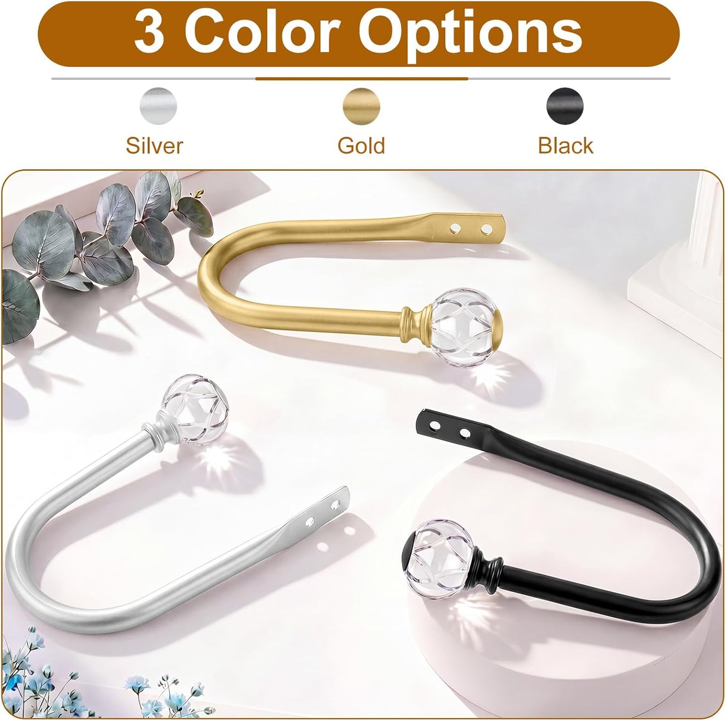 KAMANINA Curtain Holdbacks 2pcs, Gold Curtain Tiebacks, Window Curtains Hooks for Wall, Decorative Holders for Drapes with Crystal Finials(5.4" L × 4.1" W)