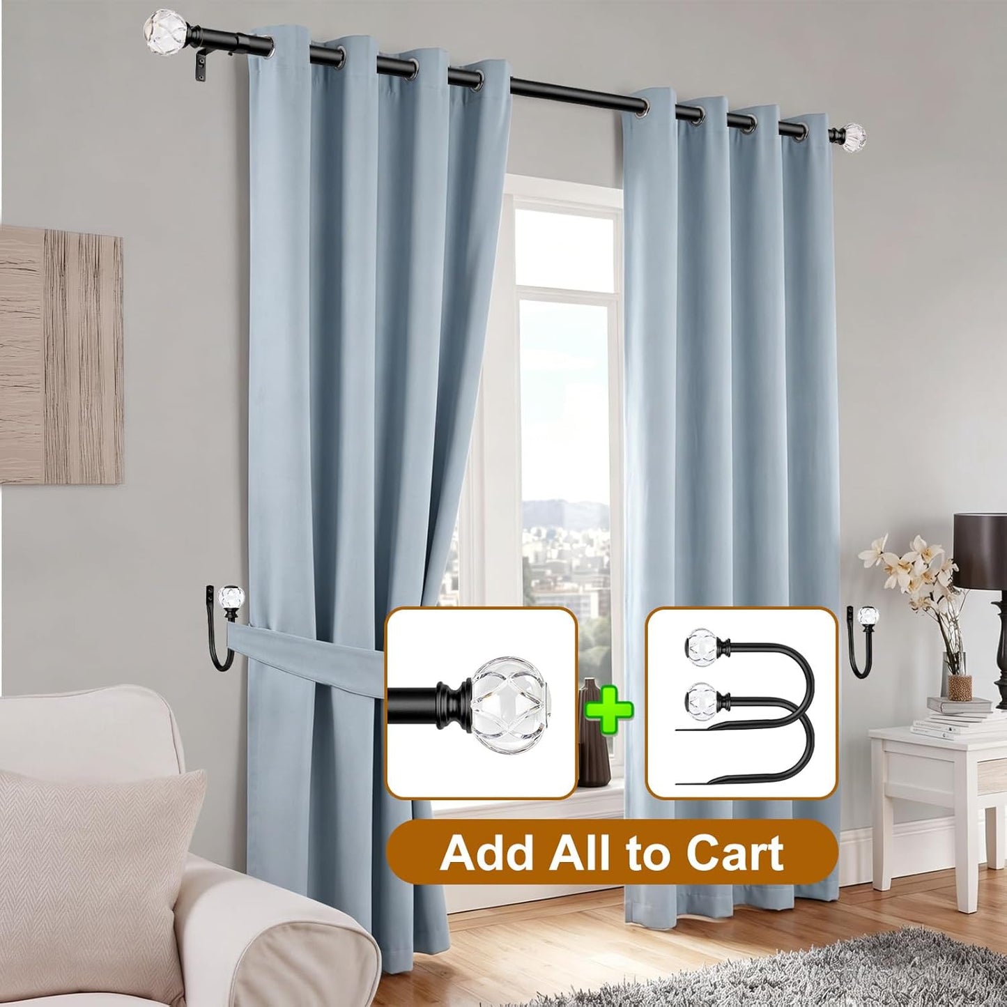 KAMANINA Curtain Holdbacks 2pcs, Gold Curtain Tiebacks, Window Curtains Hooks for Wall, Decorative Holders for Drapes with Crystal Finials(5.4" L × 4.1" W)