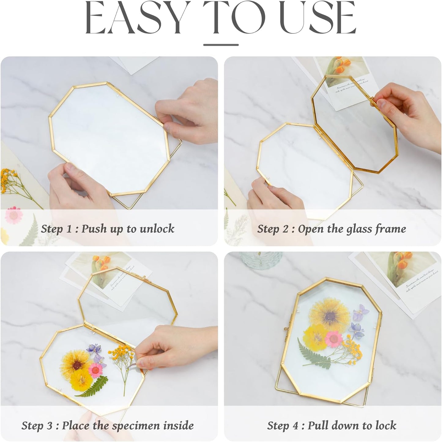 REDHUGO Glass Pressed Flower Frame Handmade, Metal Floating Picture Frame, Double Glass for Tabletop Display, Unique Brass Octagon, Gold, 5x7 Inches (Frame Only)