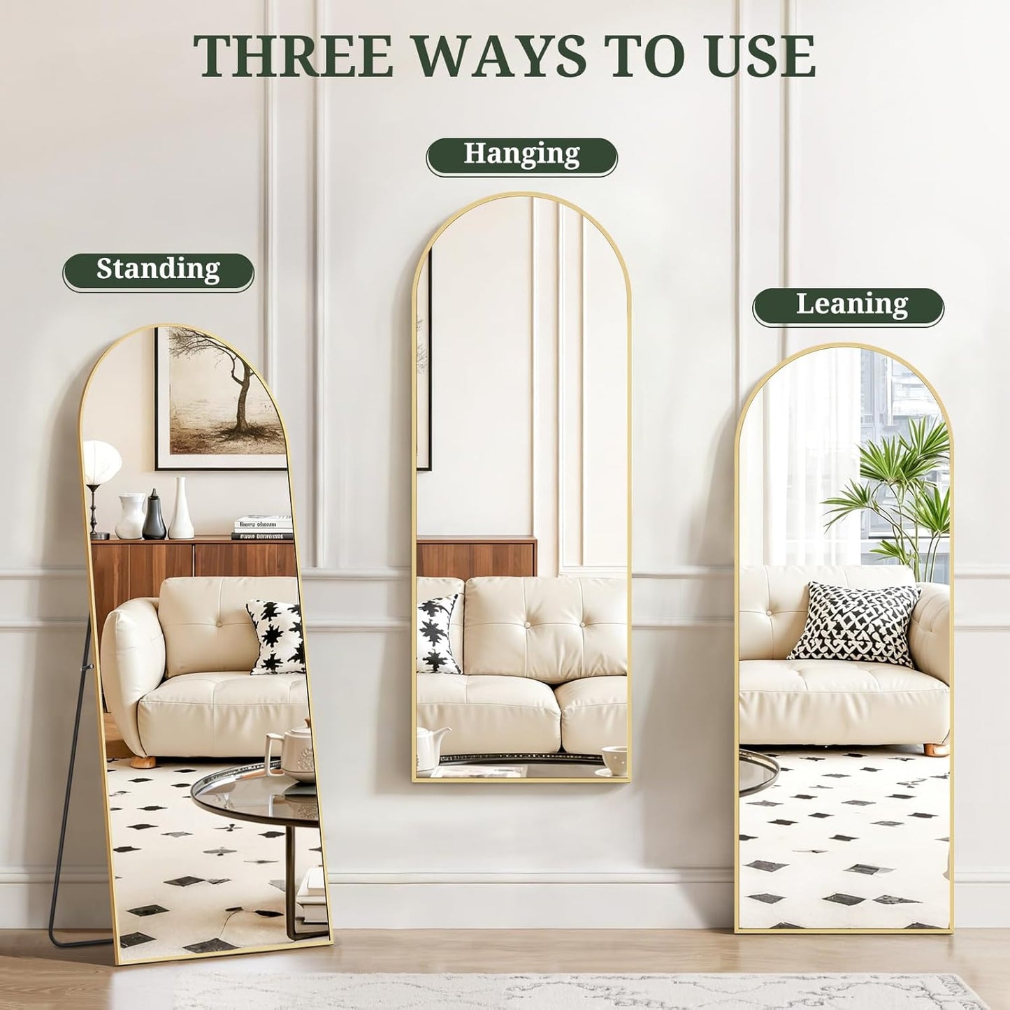 Mirror Full Length 64"x21" Full Body Floor Mirror with Stand, Shatterproof Glass, Aluminum Alloy Frame, Free Standing Wall Mounted or Leaning Arched Mirrors for Bedroom Living Room Entryway
