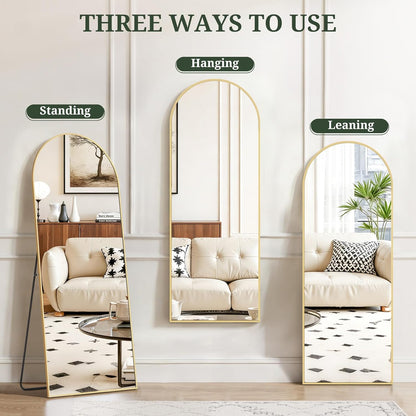 Mirror Full Length 64"x21" Full Body Floor Mirror with Stand, Shatterproof Glass, Aluminum Alloy Frame, Free Standing Wall Mounted or Leaning Arched Mirrors for Bedroom Living Room Entryway