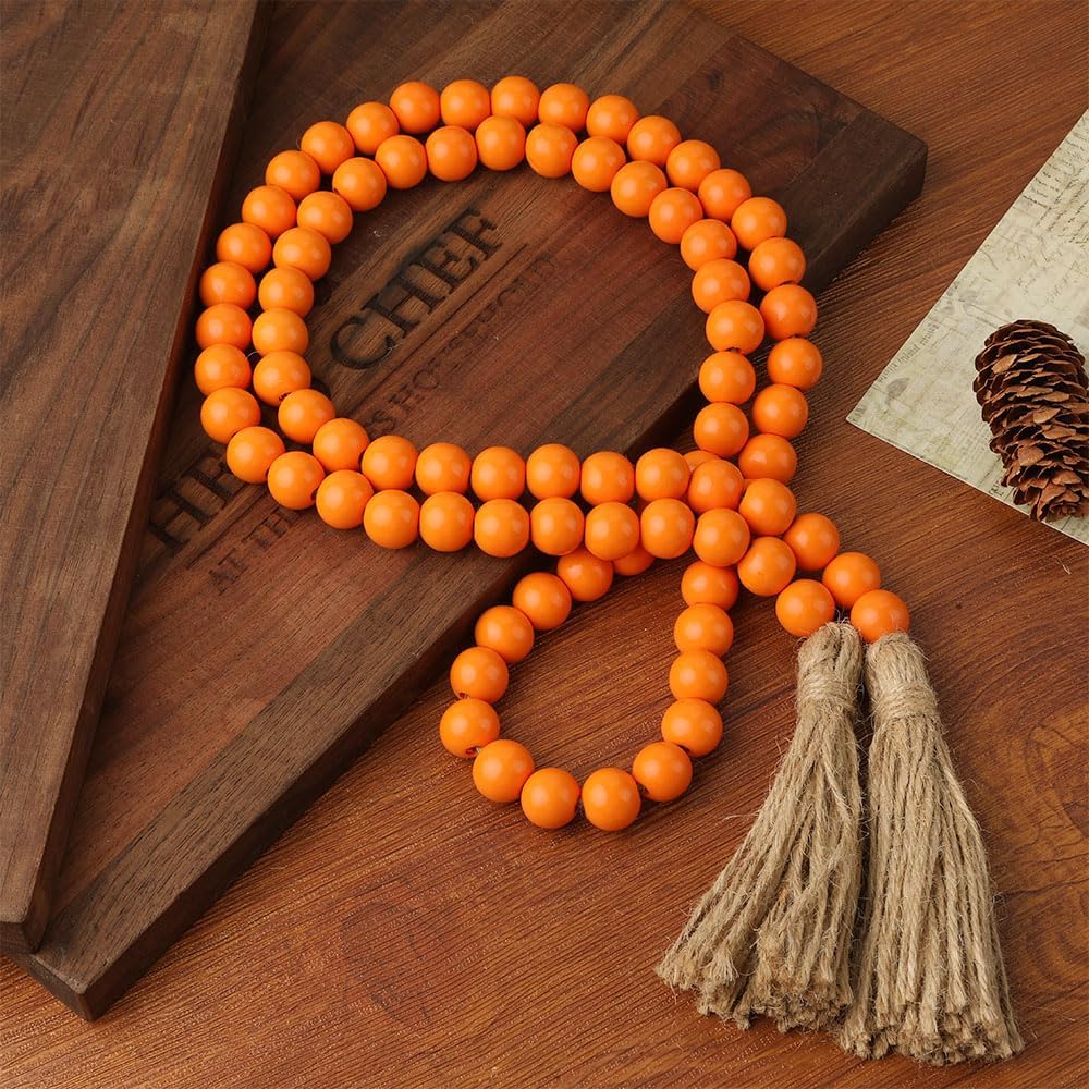 Wood Bead Garland 58 Inch Nature Wooden Beads for Boho Farmhouse Table Home Decor with Tassel, Wooden Prayer Bead, Rustic Country Boho Wall Hanging Decor for Kitchen Modern Living Room Tray Vase Shelf