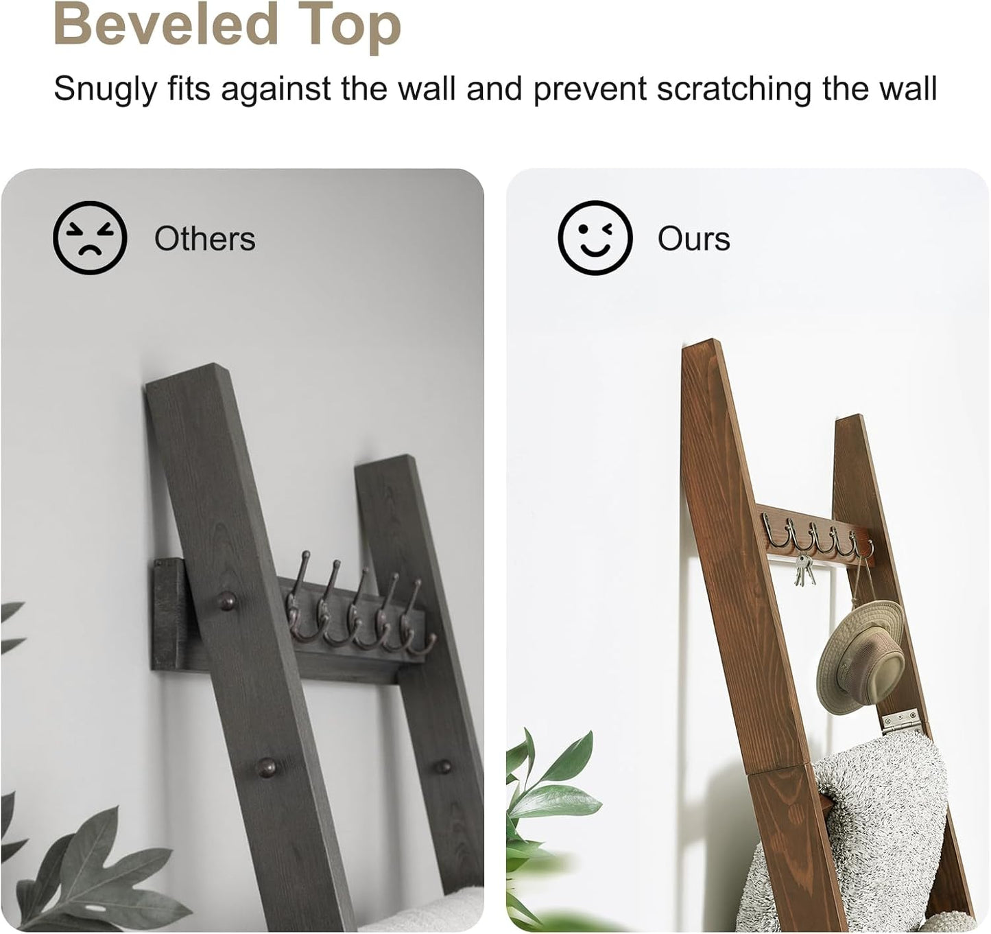 TEAKMAMA 6-Tier Blanket Ladder for Living Room and Bedroom,5.4 Ft Wall Leaning Quilt Rack with Hooks,Rustic Decorative Farmhouse Blanket Storage,Stylish Ladder Holder,Christmas Decorations,Black