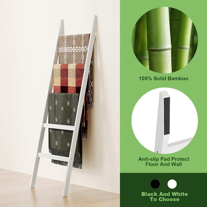 Blanket Ladder Towel Racks For Bathroom 5 Layers Towel Holder 100% Bamboo Wood Sturdy Construction No Need Wall Drilling Quilt Scarf Storage Solution Decorative Leaning Shelf for Living Room (White)