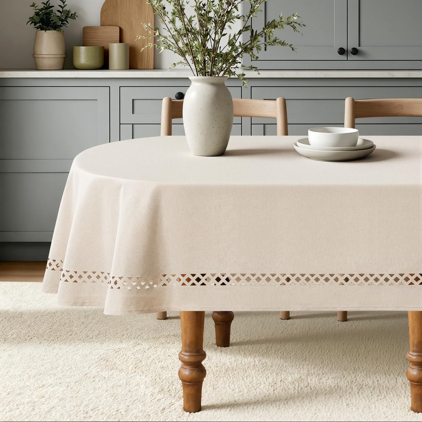 MIULEE Beige Rectangle Linen Polyester Tablecloth with Decorative Cutouts Spring Waterproof Stain Resistant & Shrink-Proof Table Cloth 52x70 inch Farmhouse Style for Dining Wedding and Outdoor