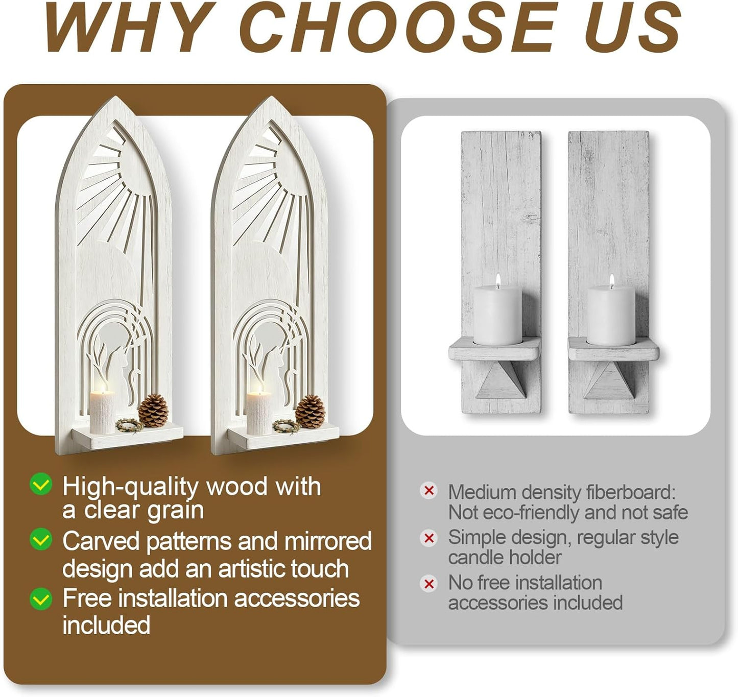 Wood Wall Sconce Candle Holder Set 2, Rustic Wall-Mount Candle Holders, Farmhouse Hanging Wall Décor, Carved Wood Frame, Mirrored Candle Holder (Distressed White)