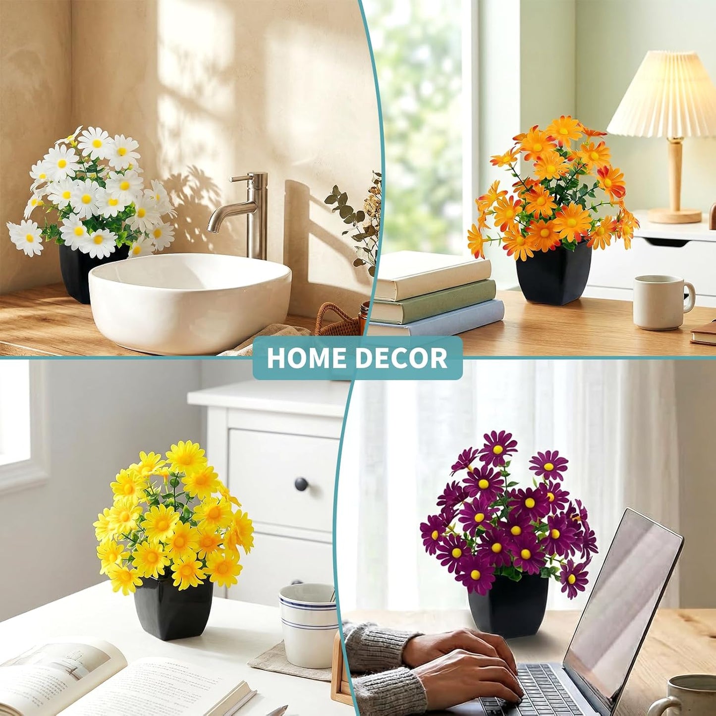 LOYWREE 4 Pack Small Artificial Mums Flowers in White Pots, Fake Mini Potted Plants, Spring Floral Decor for Home Bathroom Shelves Office Desk Table Centerpiece Indoor Decoration