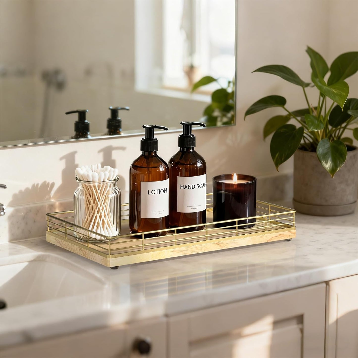 Bathroom Vanity Tray for Countertop, 12" x 6" Acacia Wood Toilet Tank Tray with Metal Guardrail, Bathroom Organizer for Soap, Perfume & Skincare, Non-Slip Decorative Tray for Dresser, Black & Acacia