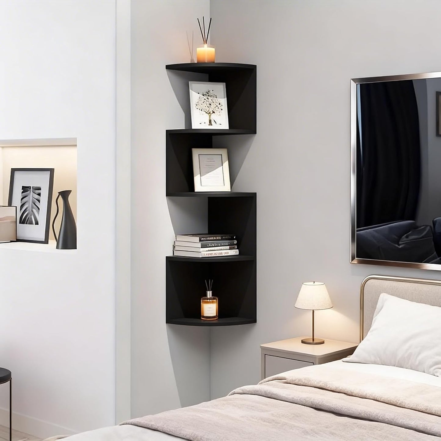 No-Drill Corner Shelf Wall Mount, 5-Tier Floating Corner Bookshelf with Hooks, Space-Saving Zigzag Plant Shelf for Bedroom, Living Room, Bathroom, Home Office