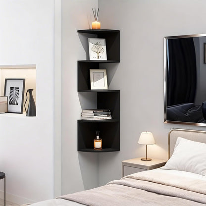 No-Drill Corner Shelf Wall Mount, 5-Tier Floating Corner Bookshelf with Hooks, Space-Saving Zigzag Plant Shelf for Bedroom, Living Room, Bathroom, Home Office