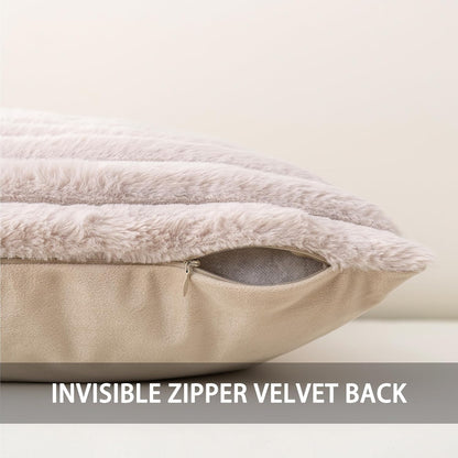Aegero Pack of 2 Faux Fur Christmas Throw Pillow Covers 18x18 Inch, Soft Plush Striped Neutral Couch Pillow Cover, with Velvet Back Modern Home Decor for Sofa Living Room Couch Bed Cream White