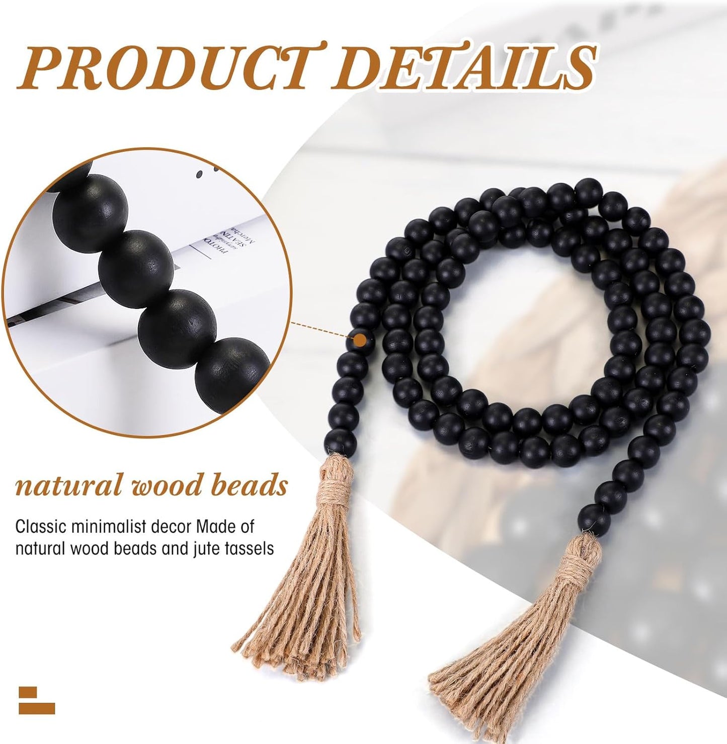 Geetery 2 Pcs 58'' Bead Garland with Tassels, Rustic Country Decor, Boho Wall Hanging for Farmhouse Style, Versatile Prayer Beads for Home, Table, or Wall Decoration (Black)
