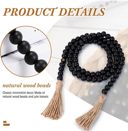 Geetery 2 Pcs 58'' Bead Garland with Tassels, Rustic Country Decor, Boho Wall Hanging for Farmhouse Style, Versatile Prayer Beads for Home, Table, or Wall Decoration (Black)