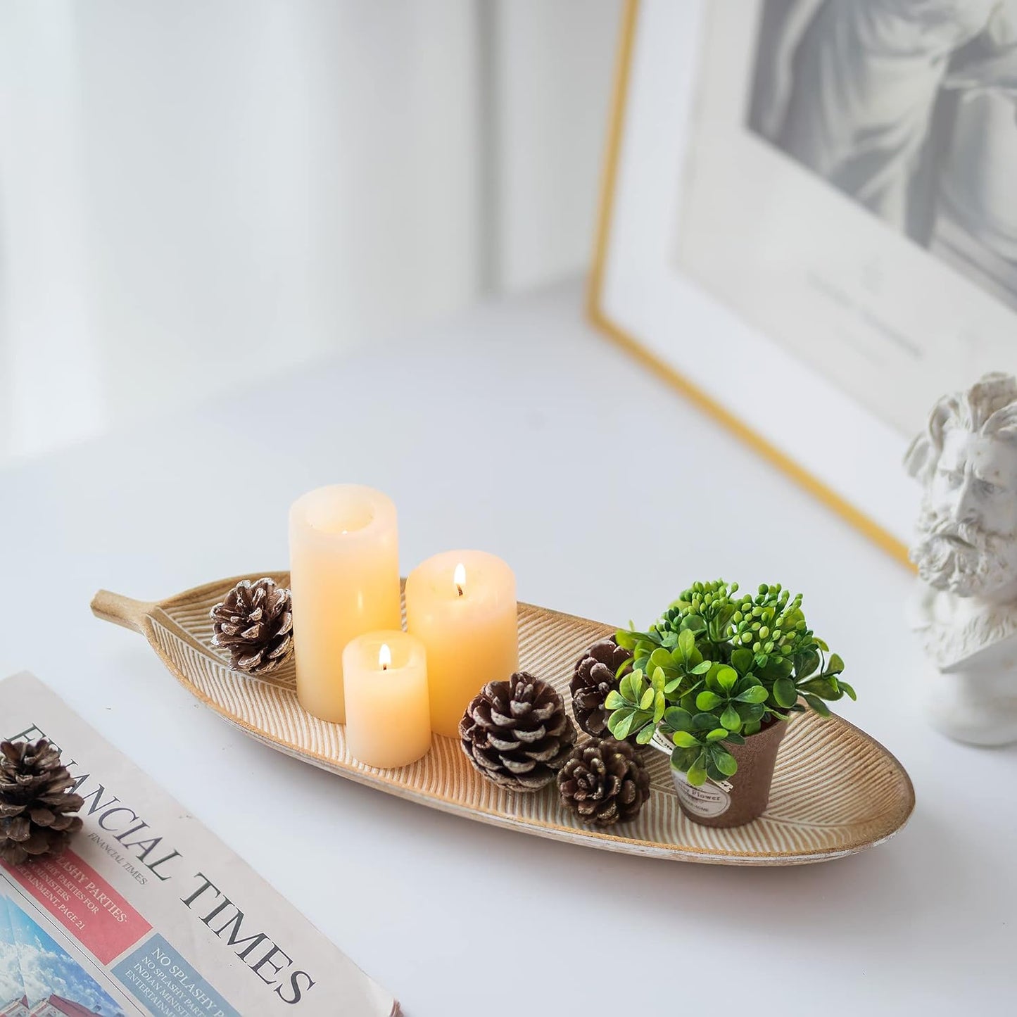 Hanobe Decorative Bowls for Home Decor: Leaf Shaped Wood Key Tray Entryway Decor Leaves Bowl for Fireplace Mantel, Gold