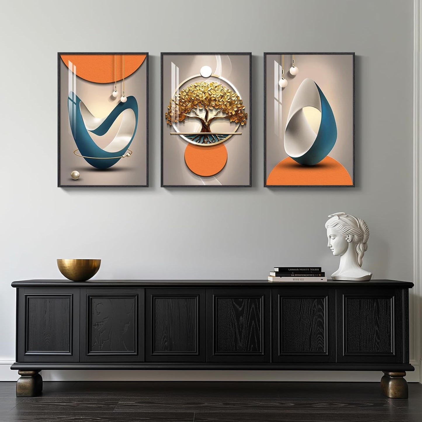 Framed Modern Luxury Gold Wall Art, Set of 3 Piece Contemporary Paintings Artwork for Walls, Golden Prints Pictures with Gold Frame, Wall Decor for Living Room, Hallway, Bedroom, Office 16x24 Inch