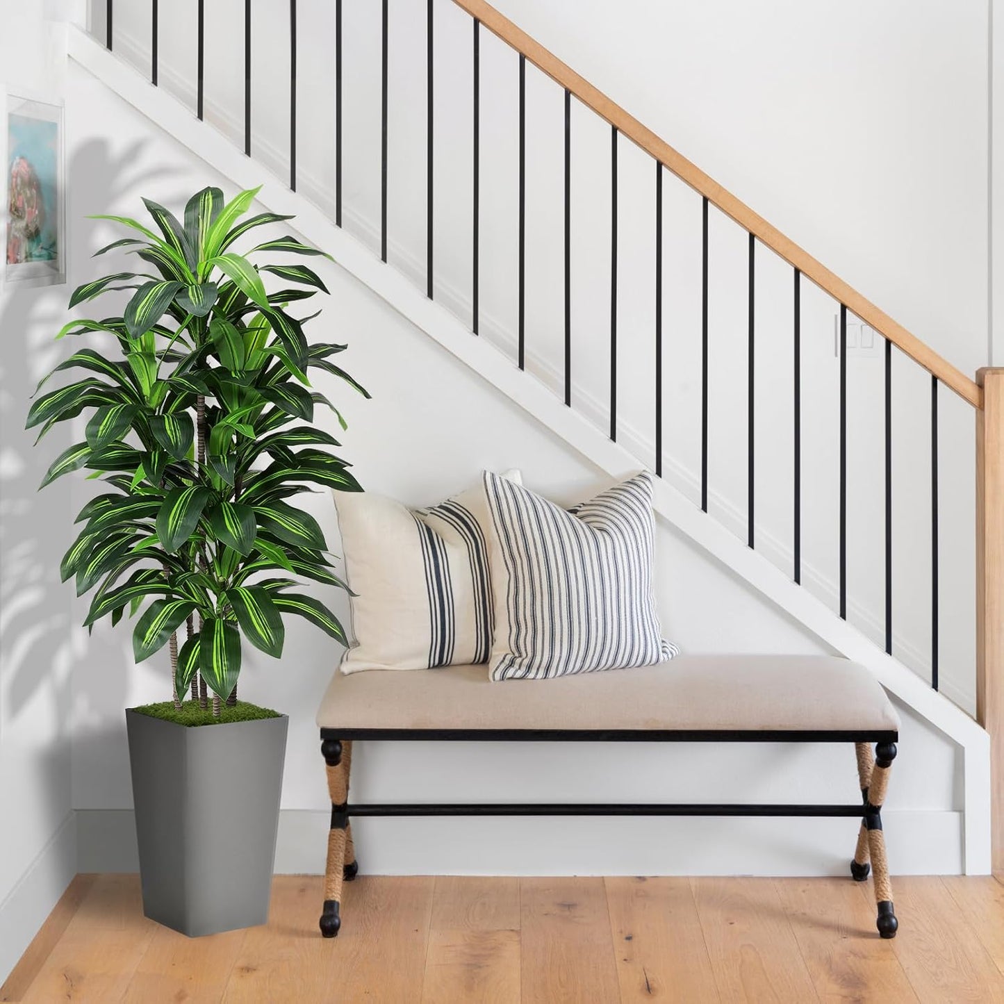 Artificial Dracaena Plant Indoor 5FT - Fake Tree with White Tall Planter - Faux Yucca Tall Fake Floor Plant in Pot - Artificial Trees for Home Office Living Room Decor Indoor
