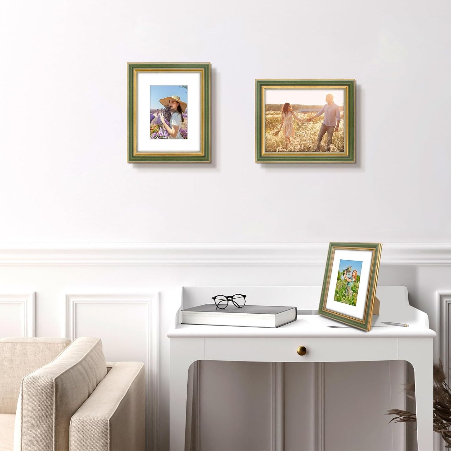 Golden State Art,11x14 Ornate Picture Frame for 8x10 Photo with Mat or 11 x 14 Prints without Mat,Real Glass Wall Display(Color:Green Gold)