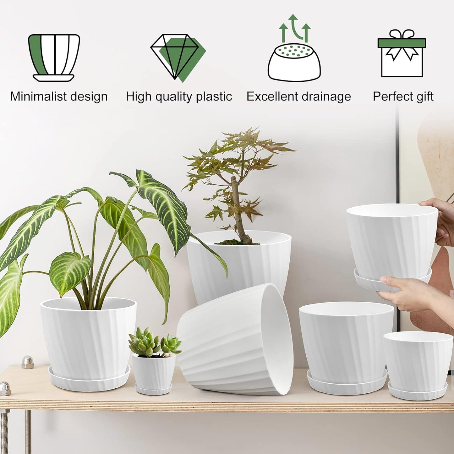 YNNICO Indoor Self Watering Planters with Drainage Holes and Saucers, 8, 7, 6.5, 6, 5.5, 5 Inches, Black, 6 Pots