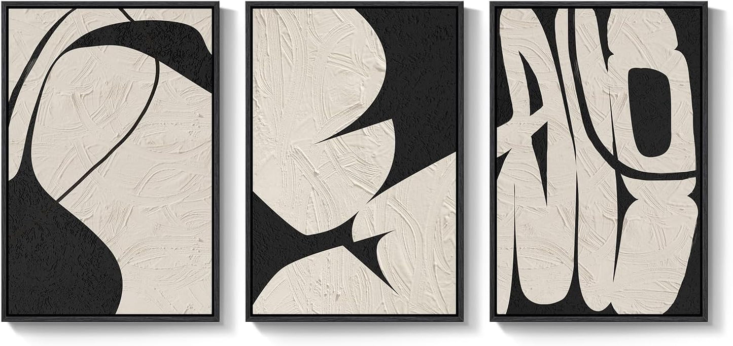 Large Framed Neutral Abstract Wall Art for Living Room, 3 Piece Modern Canvas Prints Paintings Artwork for Walls, Black and Beige Pictures for Living Room Hallway Stair Office Wall Decor 24x36 Inch