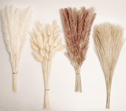 65PCS Pampas Grass Decor, Including pompas Floral, Reed Dried Grass and Bunny Tails Dried Flowers, Natural Dried Pampas Grass Bouquet for Boho Decor Wedding, Home Decoration