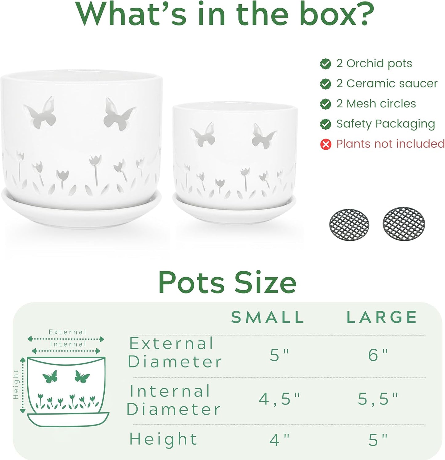 2 Pack, 5 + 6 Inch White Orchid Pots with Butterflies and Tulips Holes and Saucer, Ceramic Orchid Planters for Repotting with Drainage Holes and Tray Indoor Outdoor, Butterfly Gift