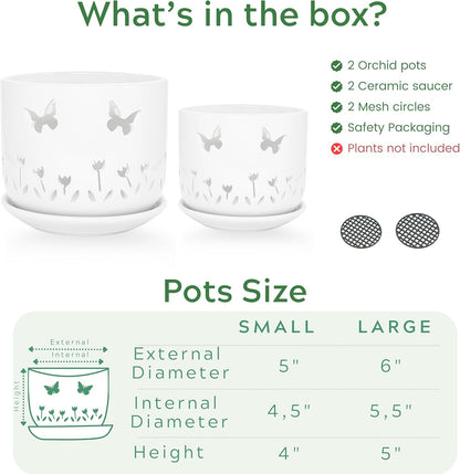 2 Pack, 5 + 6 Inch White Orchid Pots with Butterflies and Tulips Holes and Saucer, Ceramic Orchid Planters for Repotting with Drainage Holes and Tray Indoor Outdoor, Butterfly Gift
