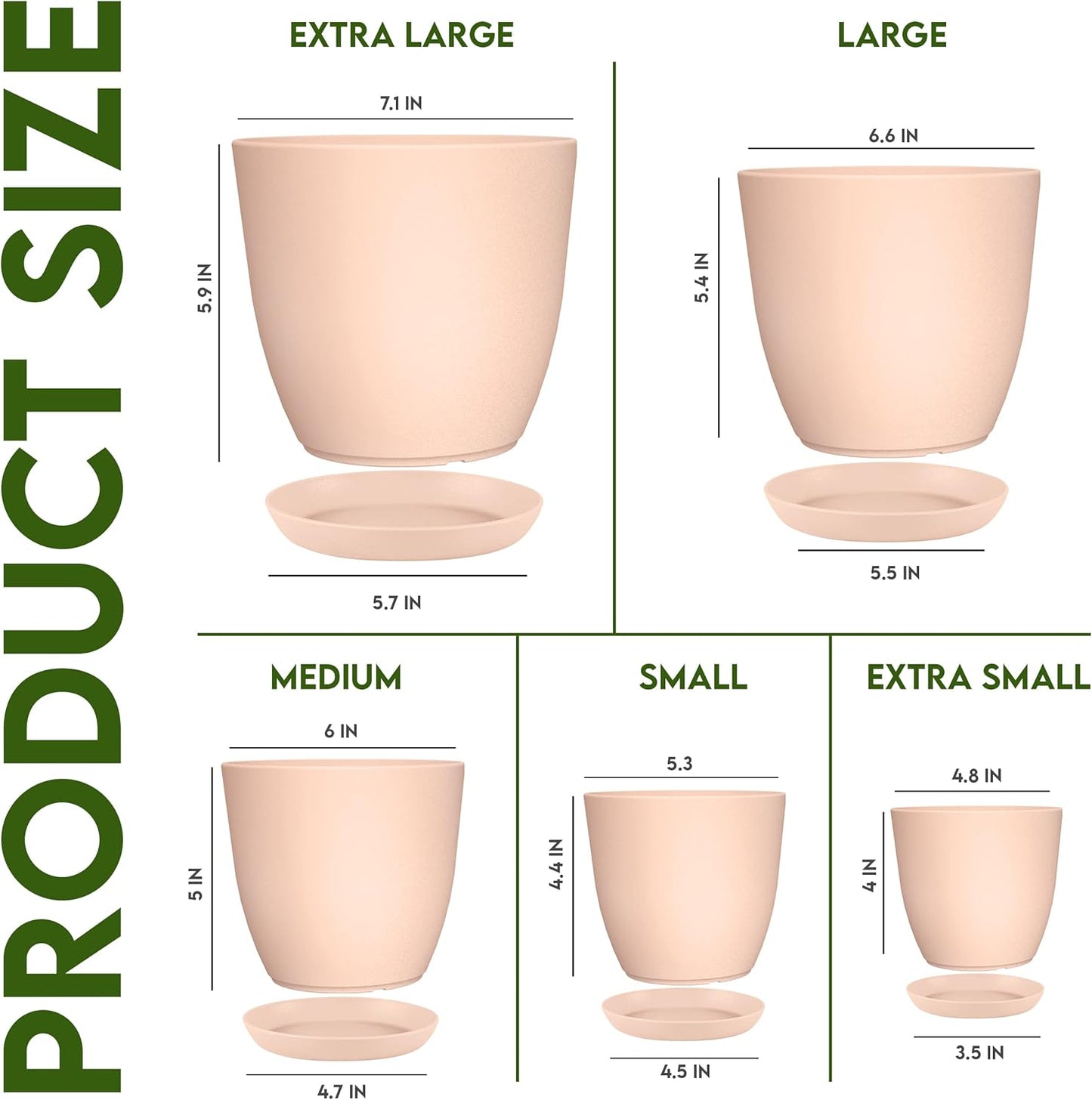 Utopia Home Plant Pots Indoor with Drainage Holes – Set of 5 White Plastic Flower Pots (7/6.6/6/5.3/4.8 Inch) – Modern Planters for Indoor Plants, Room & Office Décor, Great Stocking Stuffers