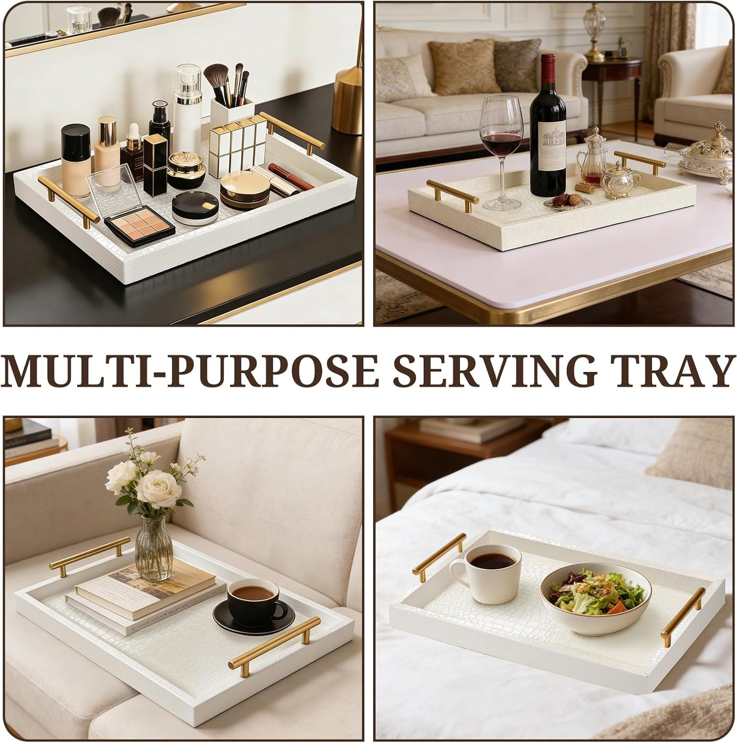 SXNOWS 17"x12" Cream Faux Leather Serving Tray with Gold Handles, Rectangle Decorative Tray for Ottoman, Coffee Table, Kitchen, Bar, Gift for Home Decor