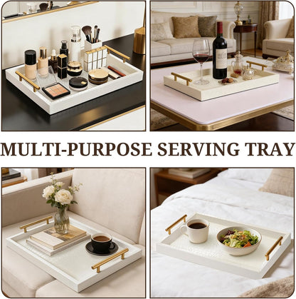 SXNOWS 17"x12" Cream Faux Leather Serving Tray with Gold Handles, Rectangle Decorative Tray for Ottoman, Coffee Table, Kitchen, Bar, Gift for Home Decor