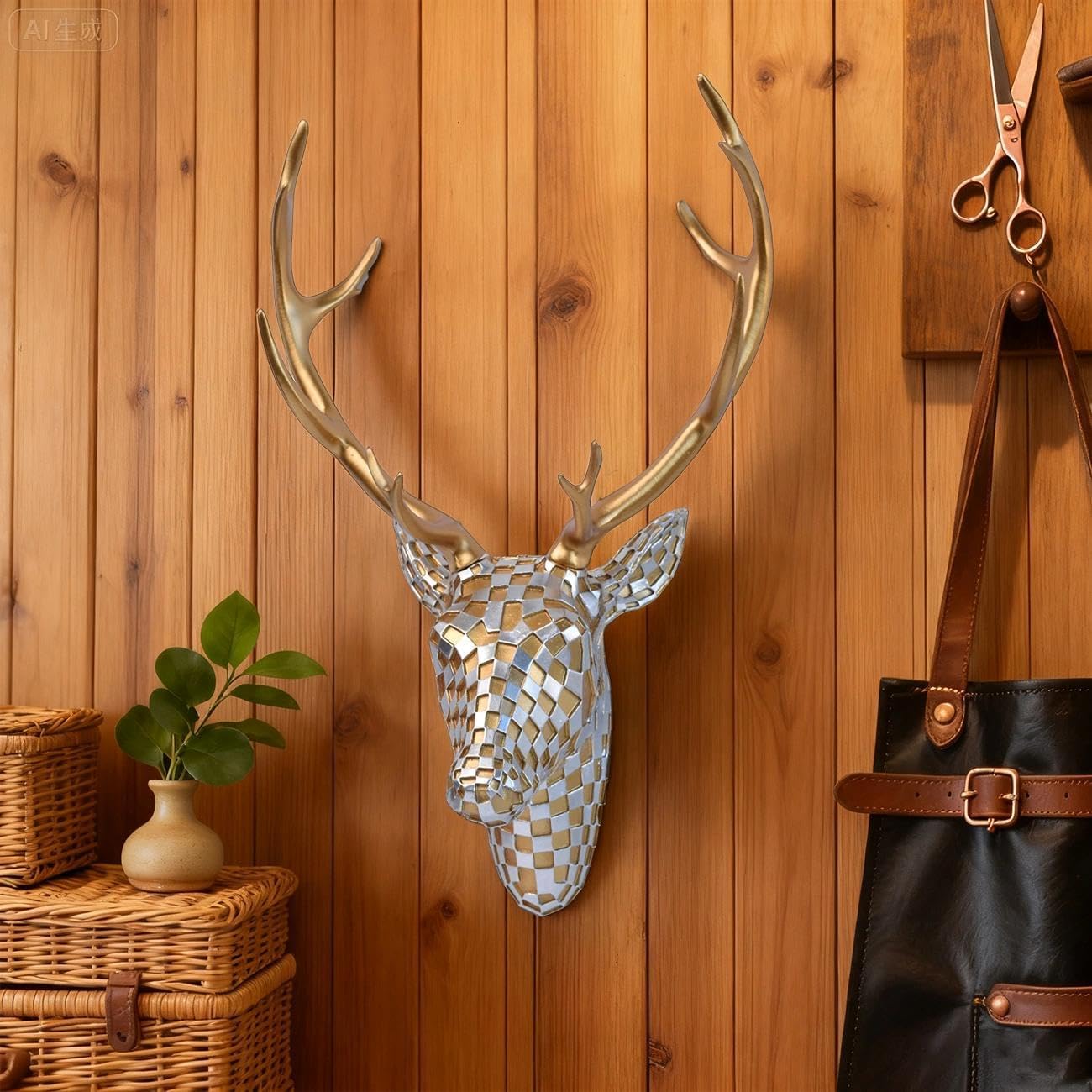 GIGICICI Mosaic Deer Head Wall Decor 15.7x8.7 Inch, Artistic Faux Resin Animal Head Wall Sculpture Hanging for Living Room Bedroom Kitchen Office, Black-White Gift