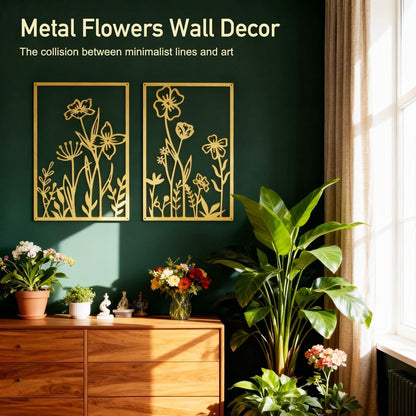 Sokurdeg Black Metal Flowers Wall Decor, Minimalist Floral Wall Hanging Art, Black Abstract Line Wall Art Sculptures for Bedroom Bathroom Living Room (4 Pcs, 12 x 17 in)