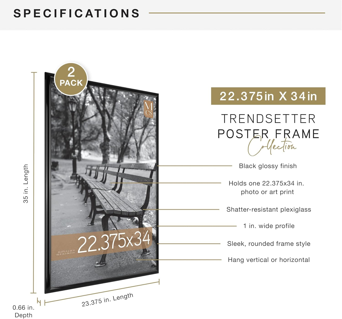 MCS Trendsetter 24x36 Poster Frame Black High-Gloss, Vertical & Horizontal Wall Hanging Large Picture Frame for Photos, Posters & Art Prints (1-Pack)