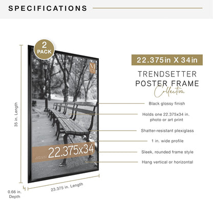 MCS Trendsetter 24x36 Poster Frame Black High-Gloss, Vertical & Horizontal Wall Hanging Large Picture Frame for Photos, Posters & Art Prints (1-Pack)