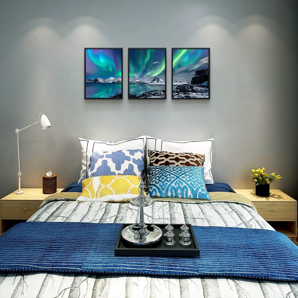 MHARTK66 Wall Art for Bedroom Wall Decor for Living Room Office Decor Abstract Mountain Aurora Landscape Painting 3 Piece Scenic Framed Canvas Art Prints Ready to Hang Kitchen Wall Pictures Home Decor
