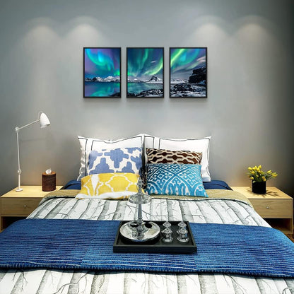 MHARTK66 Wall Art for Bedroom Wall Decor for Living Room Office Decor Abstract Mountain Aurora Landscape Painting 3 Piece Scenic Framed Canvas Art Prints Ready to Hang Kitchen Wall Pictures Home Decor