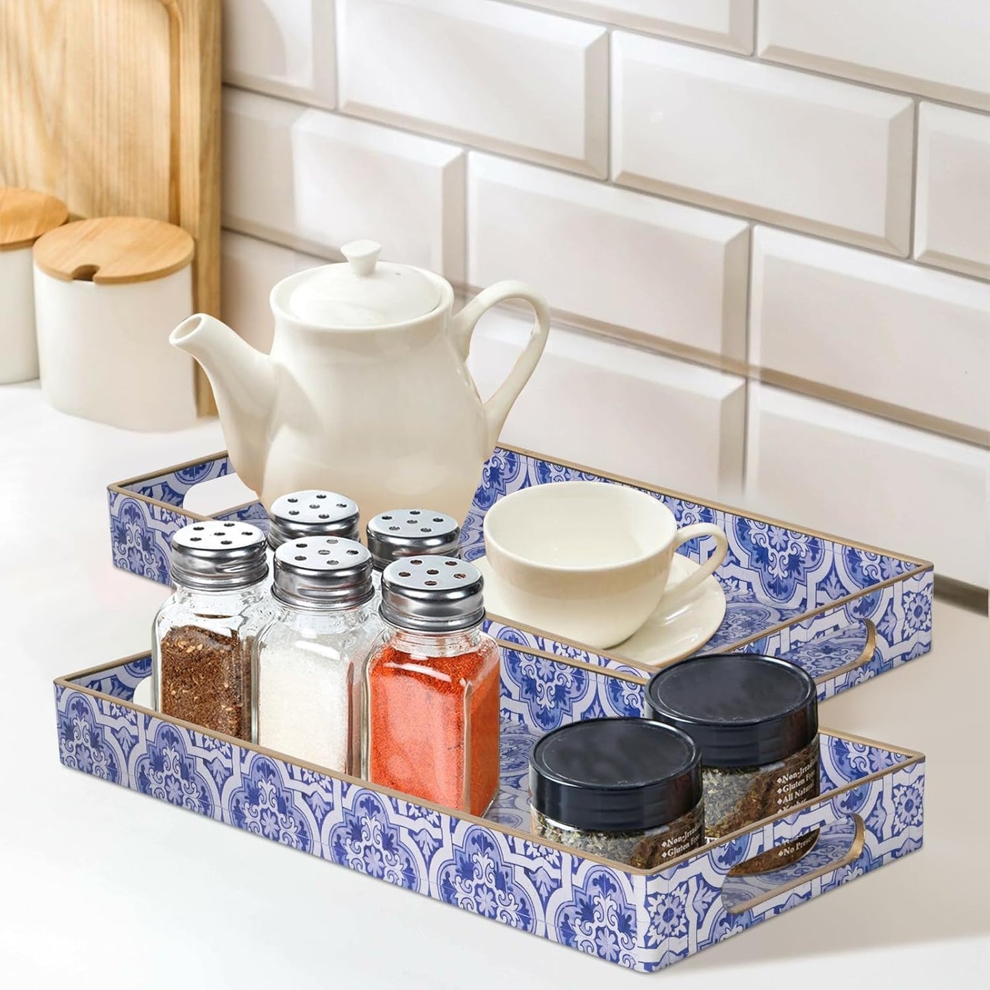 MAONAME White Decorative Tray, Plastic Serving Tray with Handles, Rectangular Moroccan Trays, Long Narrow Trays for Bathroom, Kitchen Counter, 13.8" X 6" X 1.57"