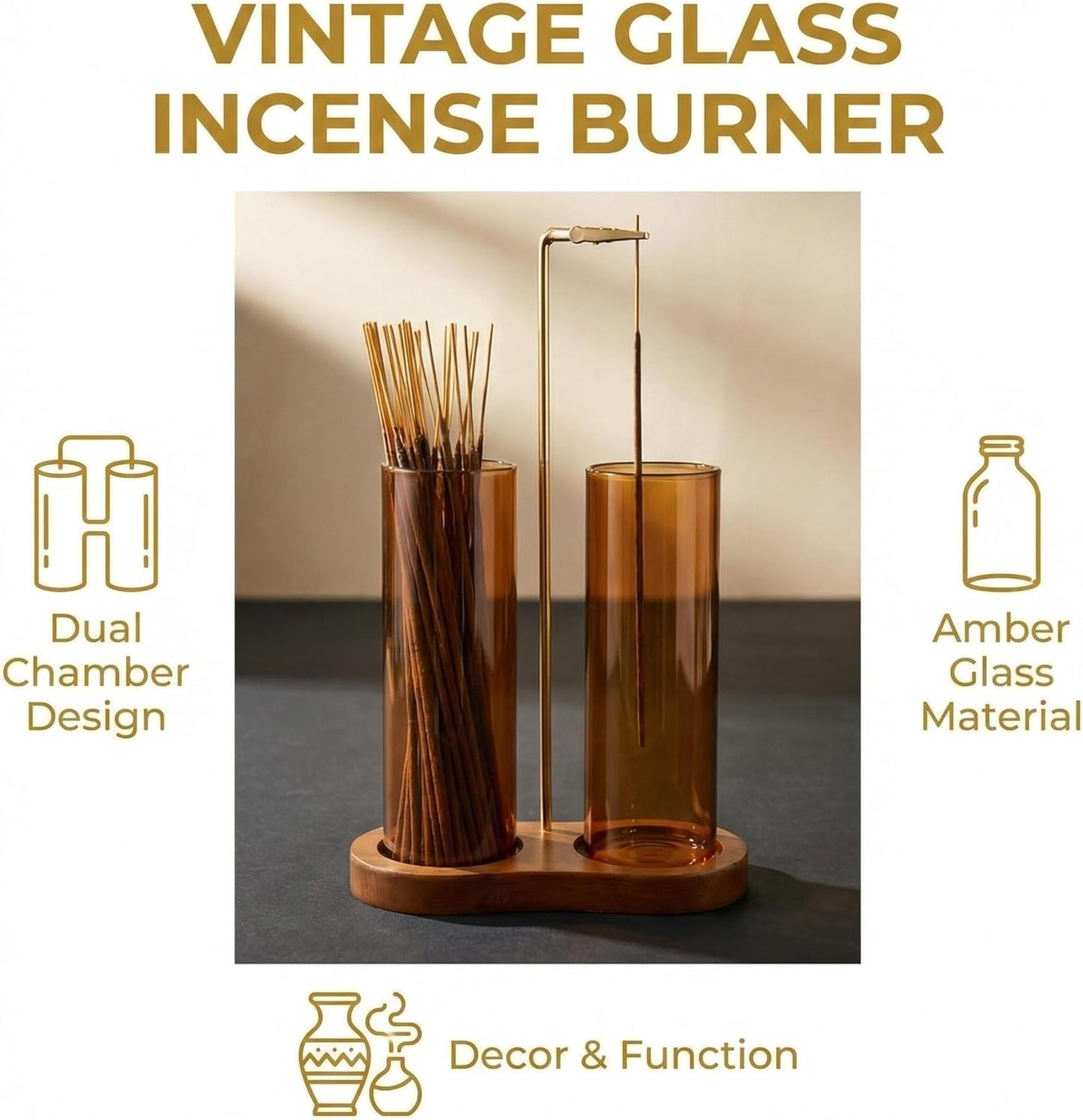 Incense Holder,2 in 1 Incense Sticks Burner Holder with Storage,Hang Upside Down Incense Holder for Sticks with Glass Ash Catcher for Meditation Yoga Spa Room Decor (Brown)