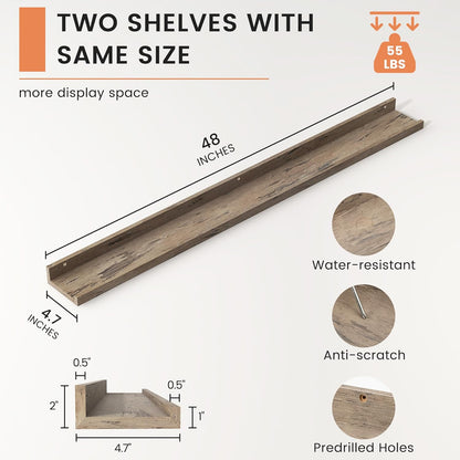 FLYJOE Picture Ledge Shelf, Floating Shelves Set of 2, 48 Inches Long Large Nursery Book Shelves for Toys Storage, Kids Bookshelf Wall Mounted for Living Room Bedroom Decor Books Photo Frames, Walnut