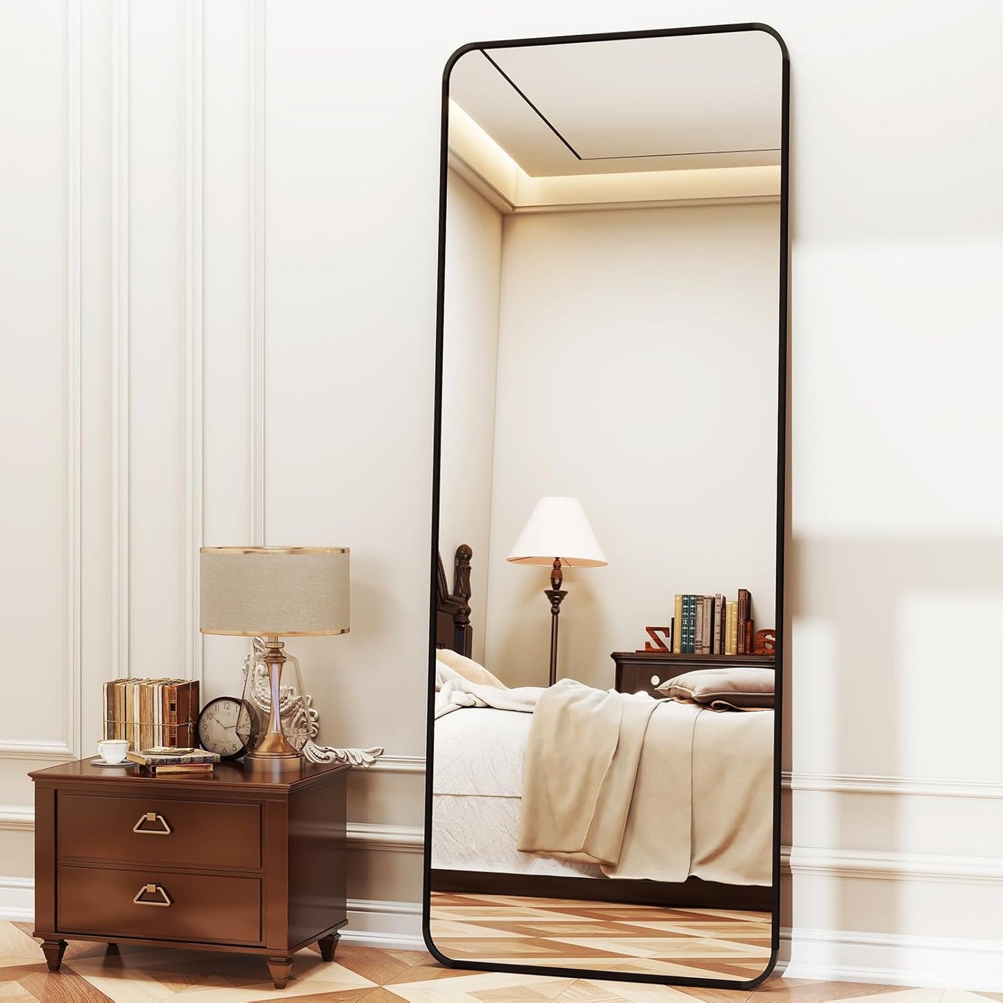 XRAMFY 56"x21" Floor Full Length Mirror Standing Full Body Rounded Corner Rectangle Mirrors with Stand Hanging Wall Mounted Leaning Bedroom Living Room Bedroom Cloakroom,Gold