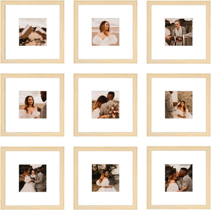12x12 Picture Frame Set of 9, Display Pictures 8x8 with Mat or 12x12 without Mat, Multi Collage Gallery Square Photo Frames for Wall or Tabletop, Black