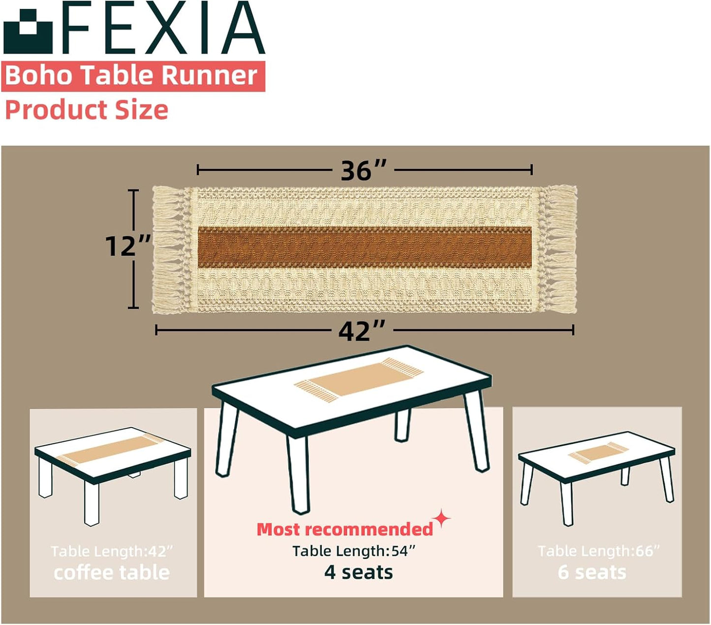 FEXIA Boho Table Runner for Thanksgiving Fall Christmas Home Decor with Tassels 72 Inches Long Pottery barn Furniture Farmhouse Rustic Macrame Burlap Table Decoration for Living Room (12x72 Inches)