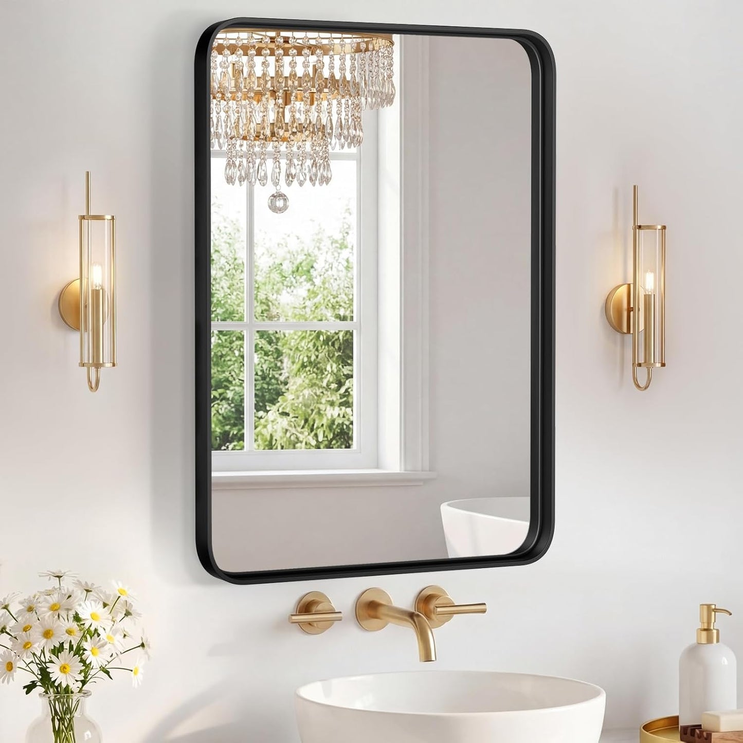 OLIXIS Arched Bathroom Mirror for Over Sink, 34x32 Inch Wall Mirror Arched Rounded Rectangle, Modern Wall Mount Vanity Mirror with Matte Metal Deep Framed, for Home Decor, Living Room, Black
