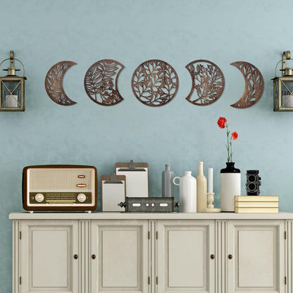 Jetec 5 Pcs Moon Phase Wall Art Decor Wall Pediments Hanging Wooden Phase Spiritual Bedroom Nordic Boho Lunar Aesthetic Art for Living Room Dorm Apartment Ornament(Brown,10.6 Inch,Botanical)