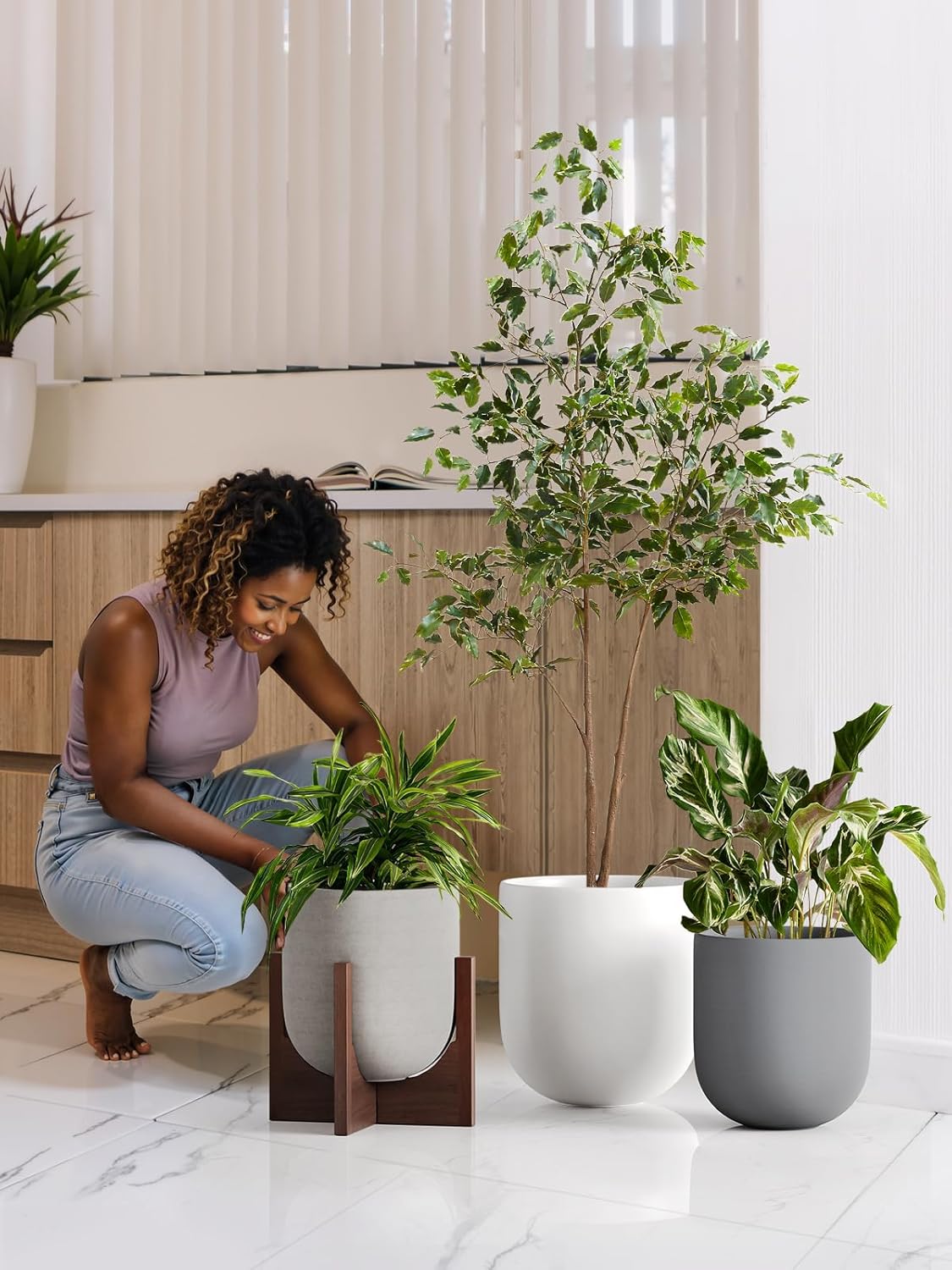 LE TAUCI 12 Inch Pots for Plants, Ceramic Large Planters for Indoor Plants, Indoor Plant Pots for Home Garden Patio Office, Planter Pots with Drainage Hole and Rubber Plug, Neutral Gray