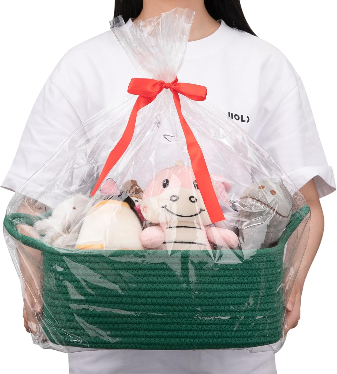 OIAHOMY Woven Basket, Gift Basket Empty with Gift Bags and Ribbons, Rope Baskets for Baby Showers, Storage Baskets with Handles for Nursery, Pet Toy Organizer - White