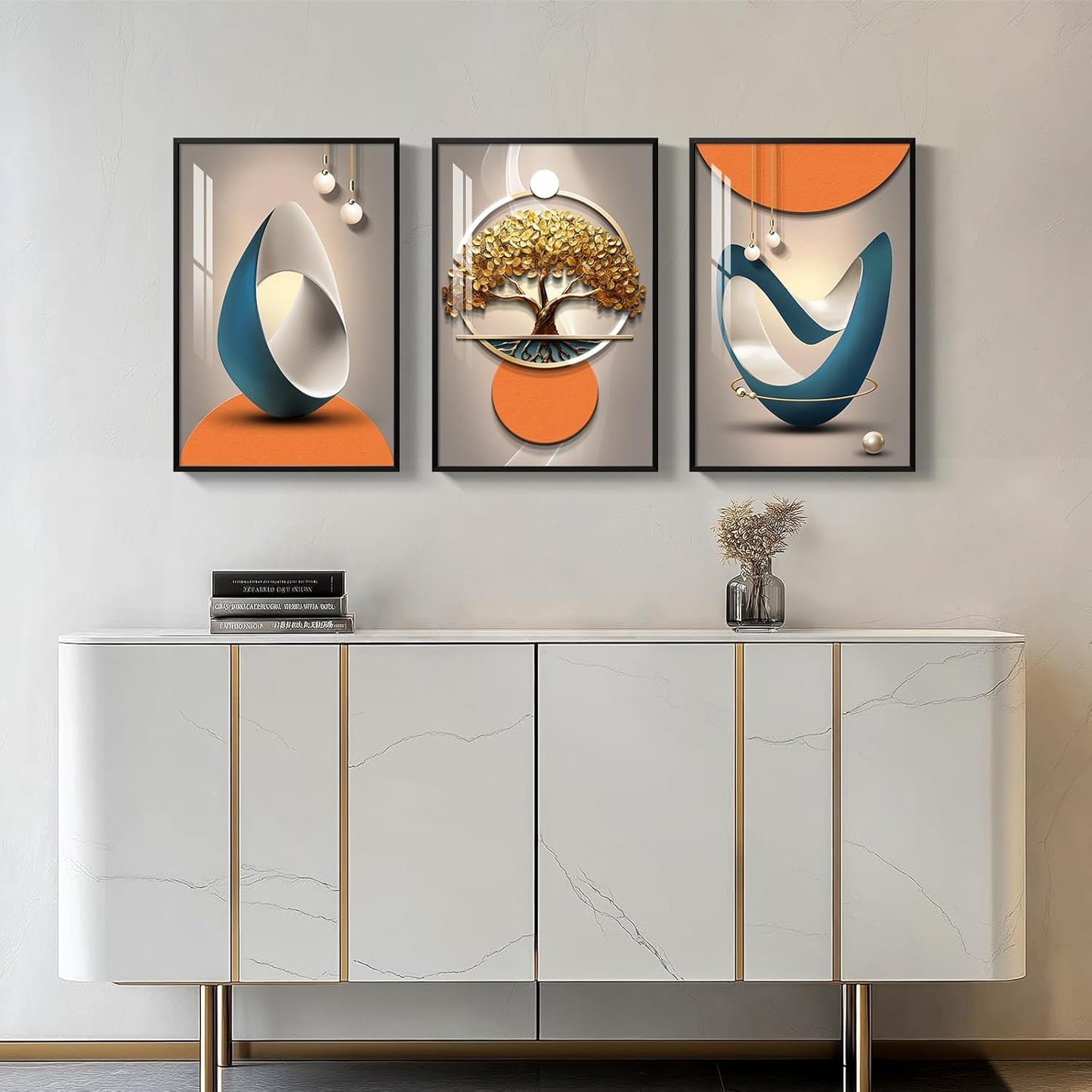 Framed Modern Luxury Gold Wall Art, Set of 3 Piece Contemporary Paintings Artwork for Walls, Golden Prints Pictures with Gold Frame, Wall Decor for Living Room, Hallway, Bedroom, Office 16x24 Inch